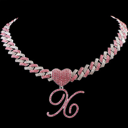 Hip Hop Bling Pink Crystal Cursive Initial Letter Cuban Necklace for Women Iced Out Paved Cuban Chain Necklace Choker Jewelry