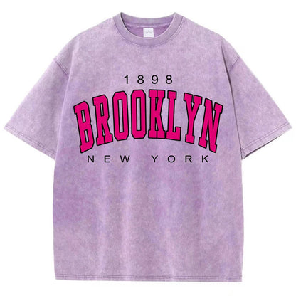 Womans Cotton Washed T-Shirts Fashion Loose O-Neck Short Sleeve Brooklyn New York Printing Tops Female Clothes