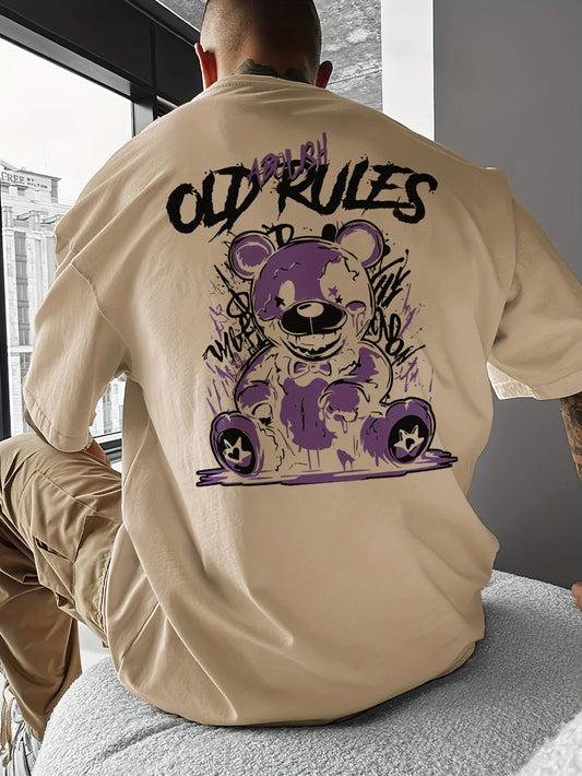 Men's Cotton Fashionable Casual Loose Large Cartoon Bear Pattern Printed Round Neck Short Sleeve T-shirt Top