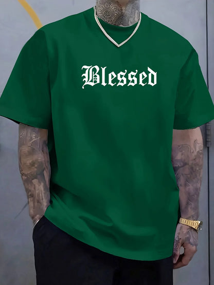 Men's 100% pure cotton fashionable casual loose Blessed letter pattern printed round neck short sleeved T-shirt