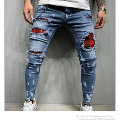Jeans Pencil Pants Holes Distressed Men Streetwear Denims Mid Waist Slim Fit Washed Denim Ankle Length