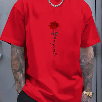 Men'scotton fashionable casual sports loose red rose printed round neck short sleeved T-shirt top