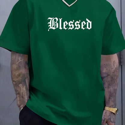 Men's 100% pure cotton fashionable casual loose Blessed letter pattern printed round neck short sleeved T-shirt
