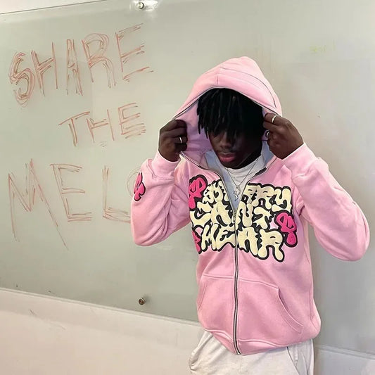 Harajuku Jacket Letter Print Coat Men Women Jackets Pink Zip Hooded Sweatshirt Fashion Long-sleeved Zipper Tops Casual Hoodies