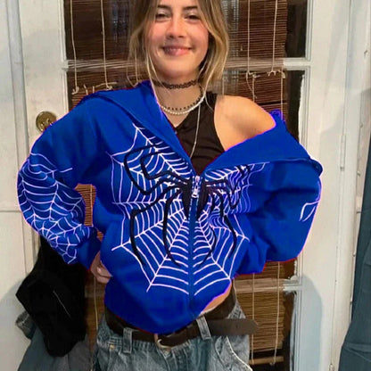 Cross Border Spider Web Zipper Sweater Women's Casual Trendy Hoodie