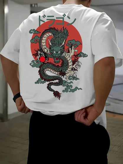 Men's Cotton Fashionable Casual Loose Japanese Anime Dragon Pattern Printed Round Neck Short Sleeve T-shirt Top