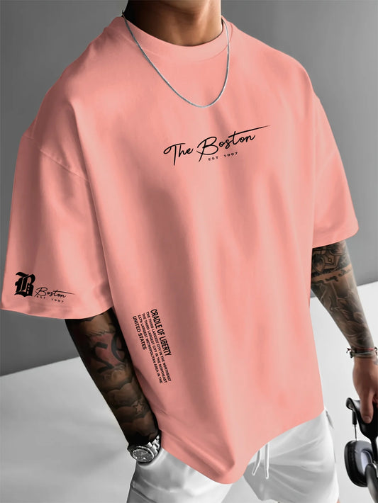 Men's cotton fashionable casual loose printed round neck short sleeved T-shirt top