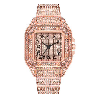 Classic Luxury Business Men's Steel Strap Square Roman Scale Rhinestone Quartz Watch