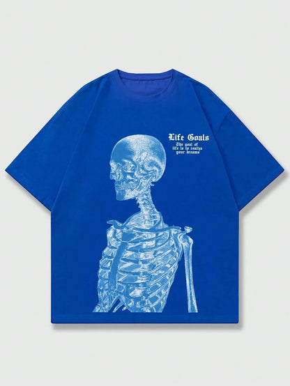 Blue Skeleton Man Life Goals Letter Printing O-Neck Cotton Tops Street Fashion Tees Loose Soft Clothes