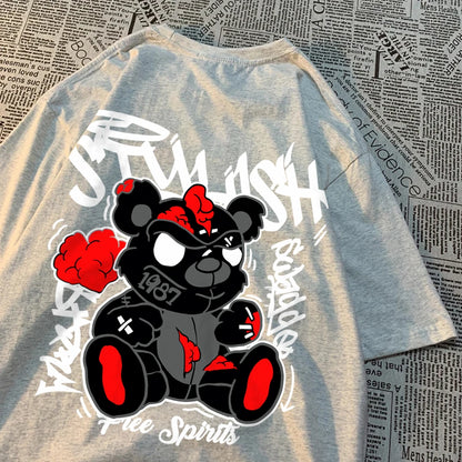 Exploding Black Puppet Bear MenT-Shirts High Quality Cotton Tops Loose T Shirts