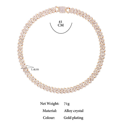 Silver Color 14mm Prong Miami Cuban Link Chain For Women Iced Out 2 Row Rhinestones Square Cuban Link Choker