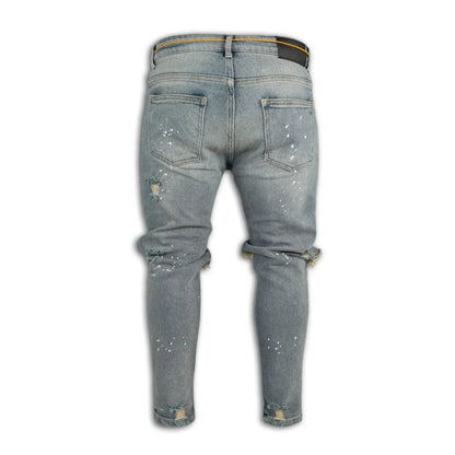 Men Long Jeans Pants Denim Simple Slim Fit Zipper Lace Up Tight Waist