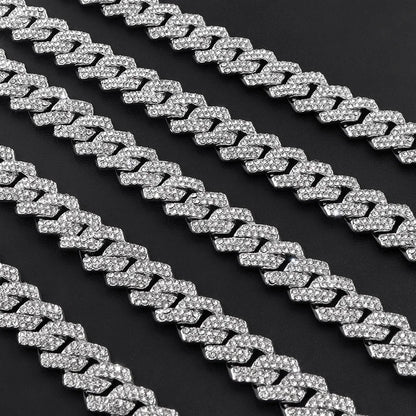 Men Women 14MM Prong Cuban Link Chain Necklace Bling Iced Out 2 Row Rhinestone Cuban Necklace Jewelry