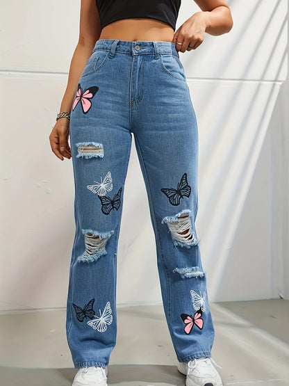 Butterfly Printing Denim Jeans Women Holes Jeans Straight Pants High Waist Loose Fit Vintage Casual Distressed Denims