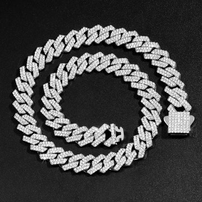 Men Women 14MM Prong Cuban Link Chain Necklace Bling Iced Out 2 Row Rhinestone Cuban Necklace Jewelry