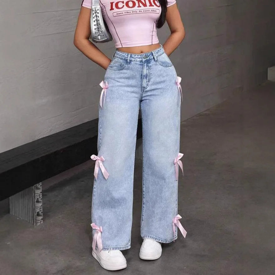 Women Jeans Wide Leg Pants Bow Washed High Waist Streetwear Denims Vintage Straight Ankle Length