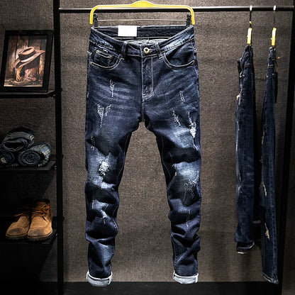Ripped Jeans Men Slim-fit Denim Pants Fashion Elasticity Versatile Blue Black Men's Clothing