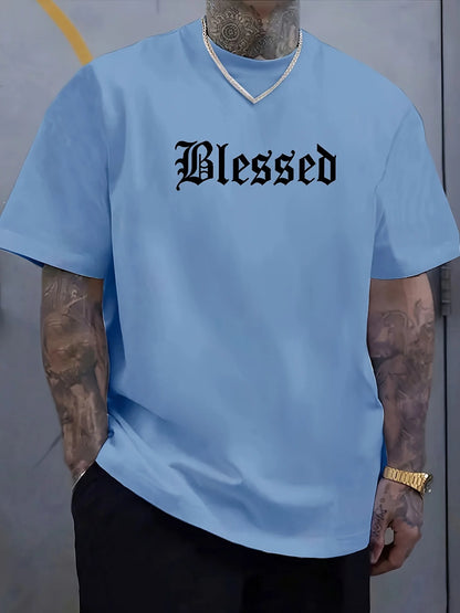 Men's 100% pure cotton fashionable casual loose Blessed letter pattern printed round neck short sleeved T-shirt