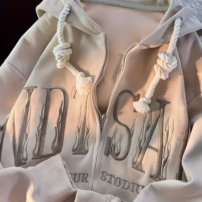 Womens Hooded Zip-up Drawstring Long Sleeve Casual Knit Jacket with Slant Pockets