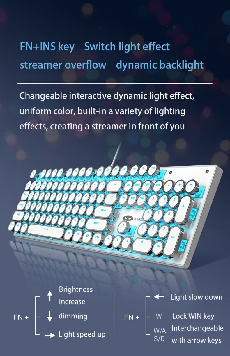 Mechanical Gaming Keyboard with Blue Switches - Round LED Backlit Keycaps, Wired USB Connectivity for Enhanced Gaming