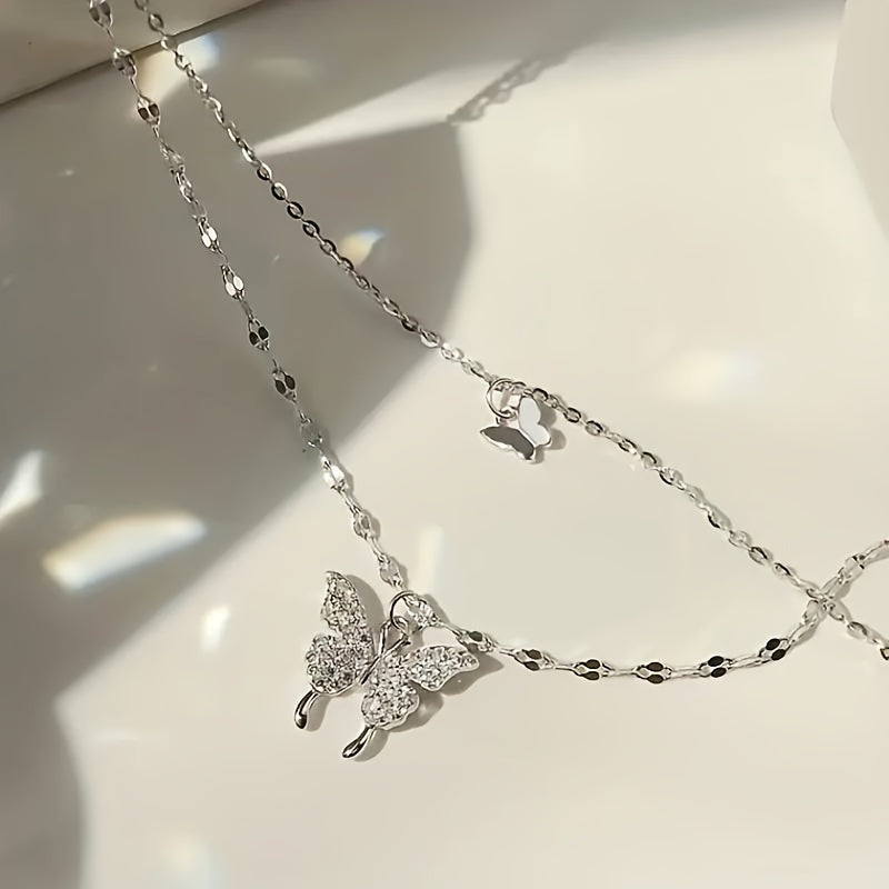 1 Pc  Rhinestone Butterfly Double Layers Necklace Shiny Silvery