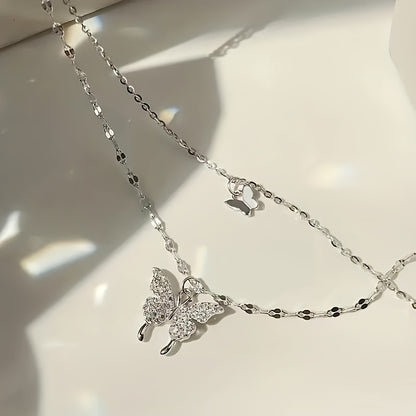 1 Pc  Rhinestone Butterfly Double Layers Necklace Shiny Silvery