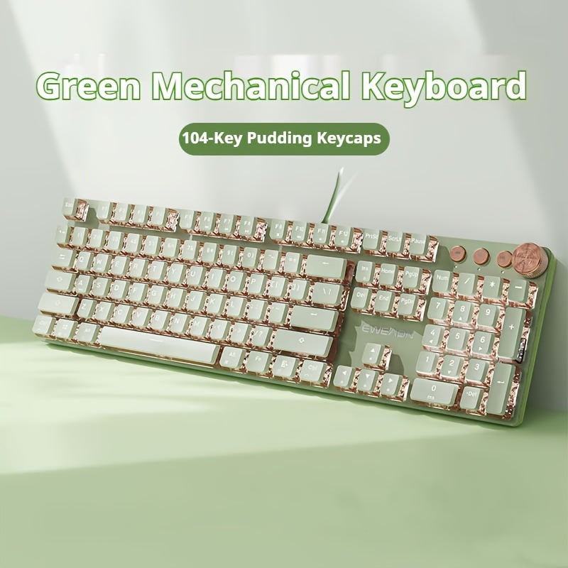 Typewriter Mechanical Gaming Keyboard, All-Metal Panel 104Keys Wired Retro Round Keycaps with LED Backlit USB Wired