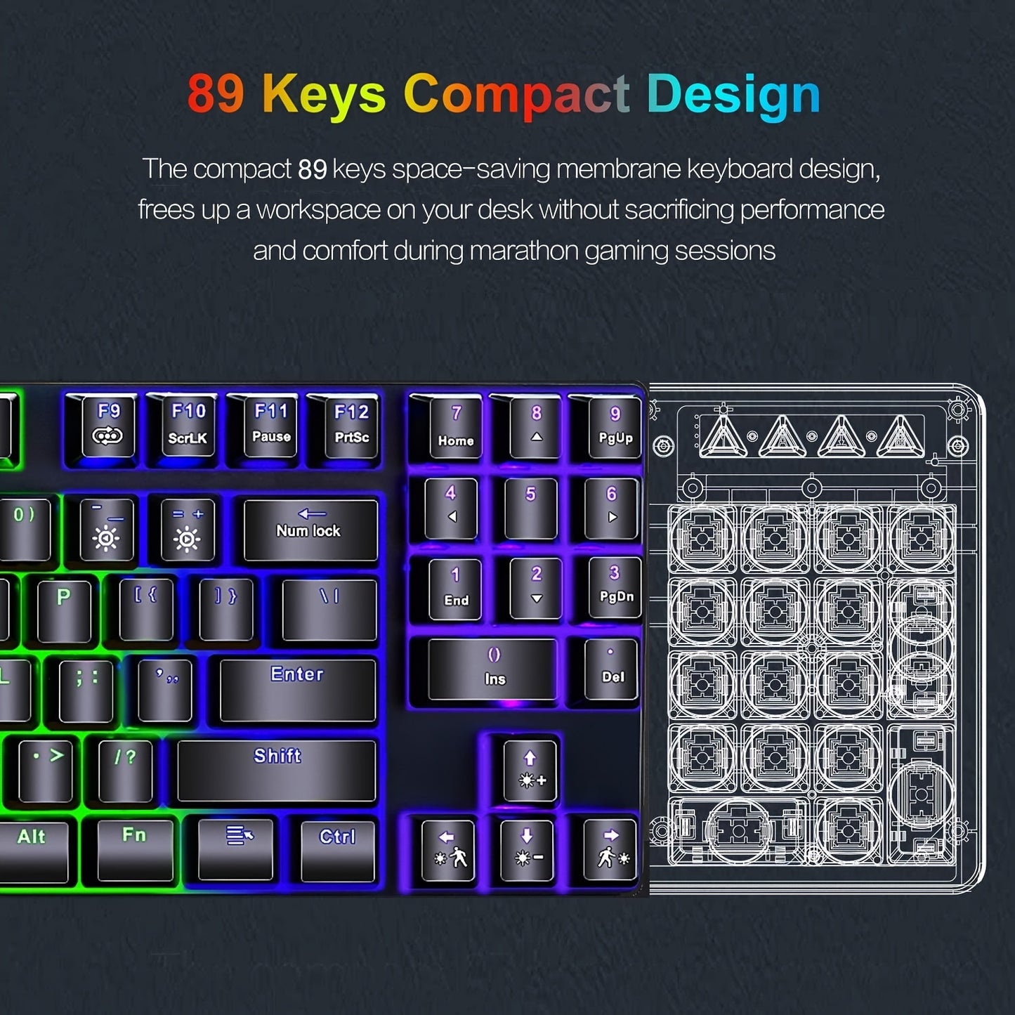 Mechanical Gaming Keyboard, Compact 89 Keys RGB Backlit