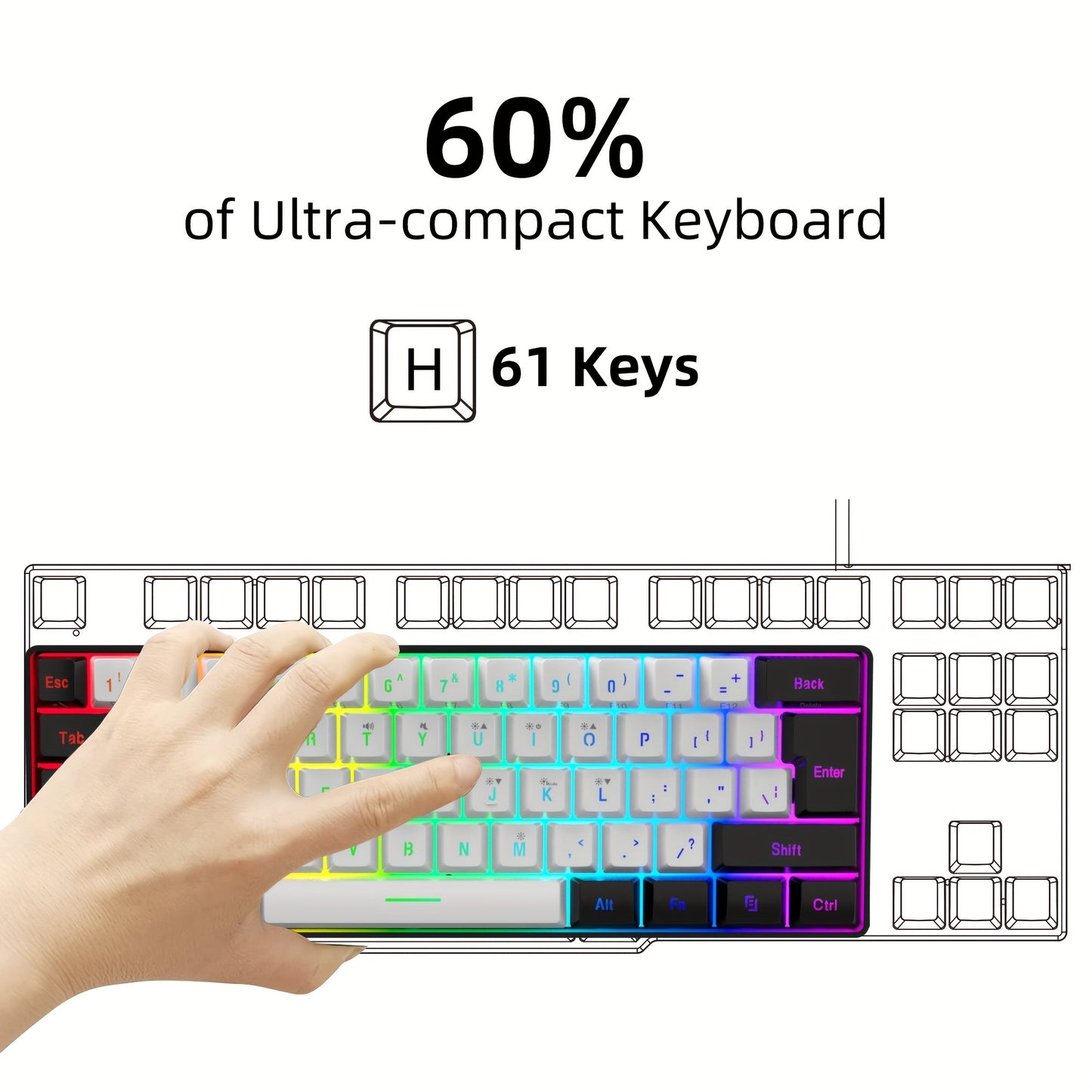 Wired Gaming Keyboard - Mini 61-Key, RGB Backlight, Suitable for PC/Mac