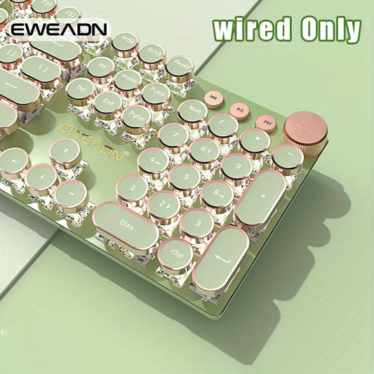 Typewriter Mechanical Gaming Keyboard, All-Metal Panel 104Keys Wired Retro Round Keycaps with LED Backlit USB Wired