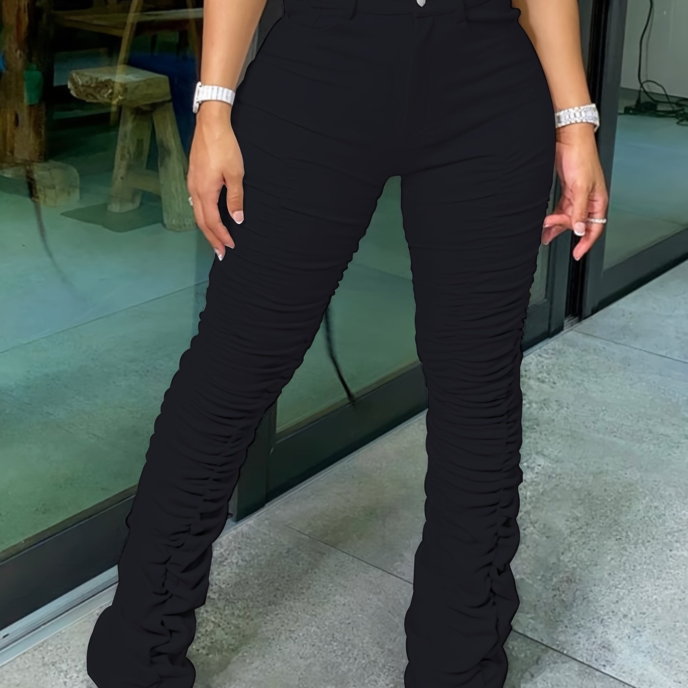 Women's High-Waisted Stretchy Ruched Pants - Light Grey Casual Tapered Leggings