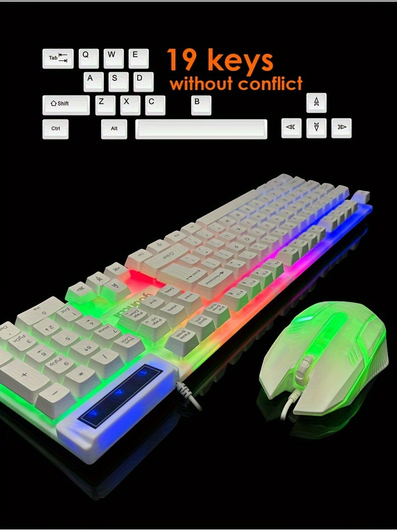 Rainbow Backlit Wired Gaming Keyboard and Mouse Set, 19-Key Rollover, Adjustable Brightness, 2 Lighting Modes, Ergonomic Design, Hotkeys, Media Keys, USB Powered, No Battery