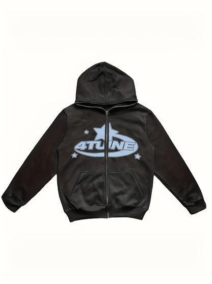 Y2K Letter & Star Print Sweatshirt, Long Sleeve Crew Neck Zip Up Hoodies Sweatshirts, Women's Clothing