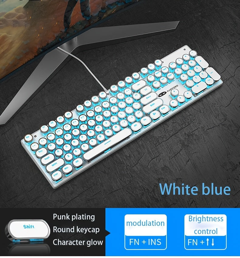 Mechanical Gaming Keyboard with Blue Switches - Round LED Backlit Keycaps, Wired USB Connectivity for Enhanced Gaming