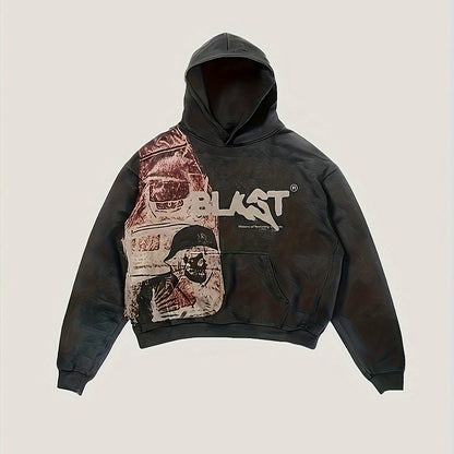 Y2K Style Hooded Pullover Sweatshirt with Kangaroo Pocket, Long Sleeve Polyester