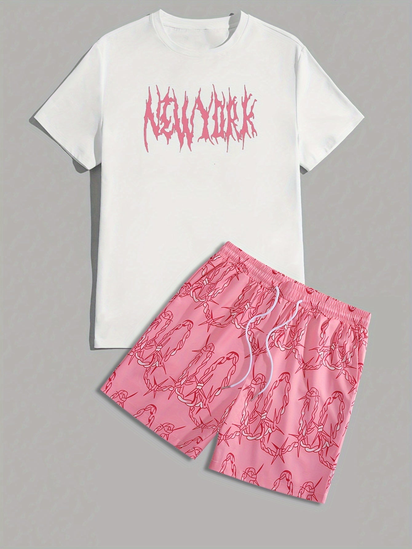 Men's T-Shirt & Shorts Set, Comfortable Crew Neck Tee With Stylish Print, Breathable Graphic Shorts With Drawstring