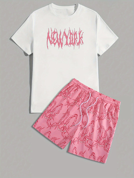 Men's T-Shirt & Shorts Set, Comfortable Crew Neck Tee With Stylish Print, Breathable Graphic Shorts With Drawstring