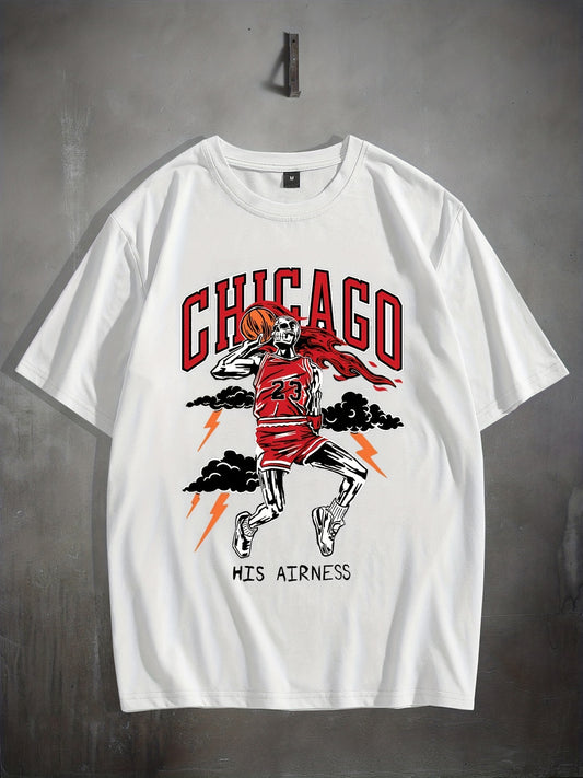 Stylish Basketball Player Pattern Men's Comfy CHICAGO T-shirt, Graphic Tee Men's