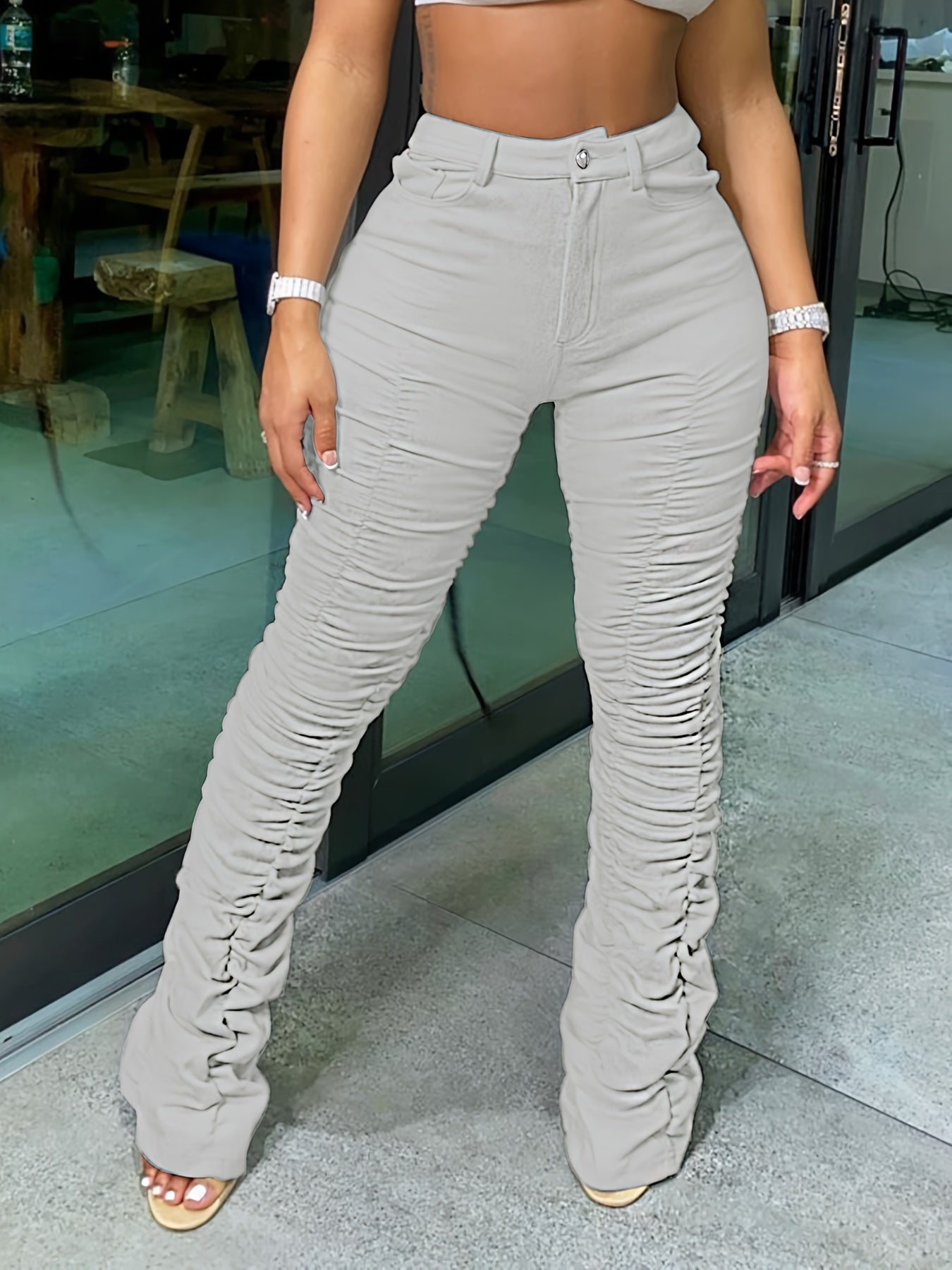 Women's High-Waisted Stretchy Ruched Pants - Light Grey Casual Tapered Leggings