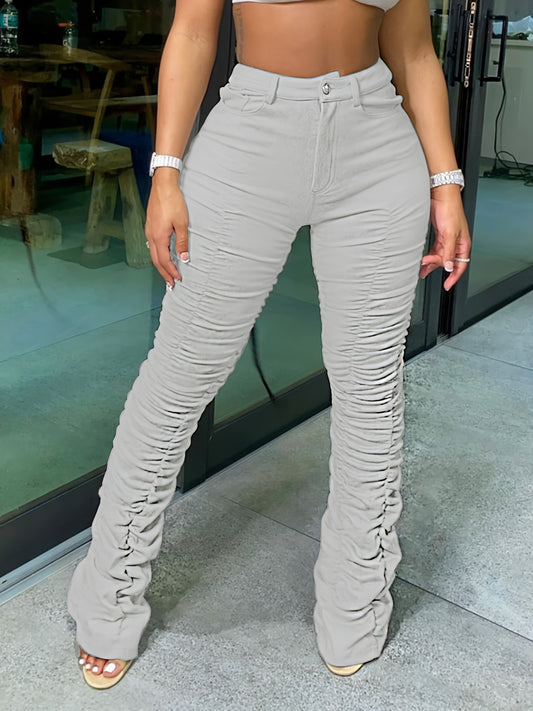 Women's High-Waisted Stretchy Ruched Pants - Light Grey Casual Tapered Leggings