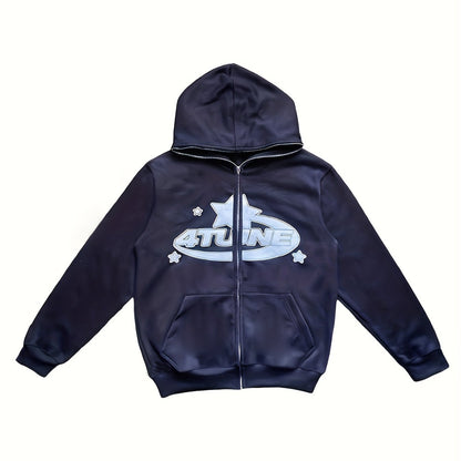 Y2K Letter & Star Print Sweatshirt, Long Sleeve Crew Neck Zip Up Hoodies Sweatshirts, Women's Clothing