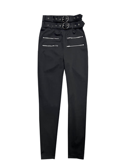 Women's High-Waisted Wide-Leg Trousers - Belted Full-Length Pants with Double Zipper
