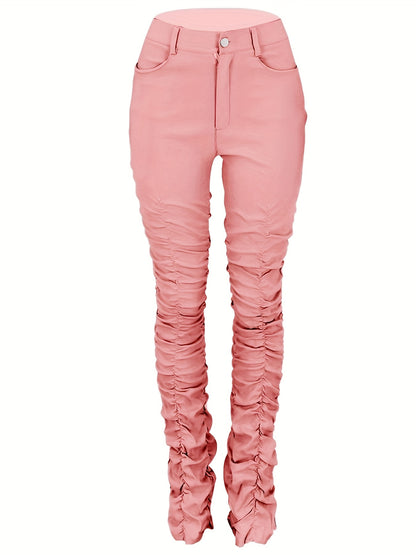 Women's High-Waisted Stretchy Ruched Pants - Light Grey Casual Tapered Leggings