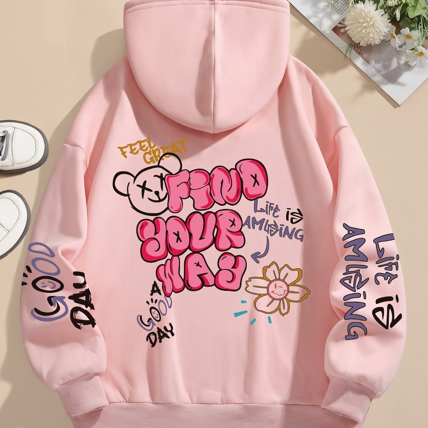 Graphic Vintage Hoodie - Soft Elasticity Polyester Drawstring Hooded Sweatshirt
