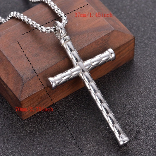 1pc Men's Religious Cross Pendant Choker Necklace - Stainless Steel Chain - Golden/Silvery Color