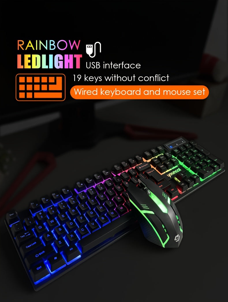 Rainbow Backlit Wired Gaming Keyboard and Mouse Set, 19-Key Rollover, Adjustable Brightness, 2 Lighting Modes, Ergonomic Design, Hotkeys, Media Keys, USB Powered, No Battery