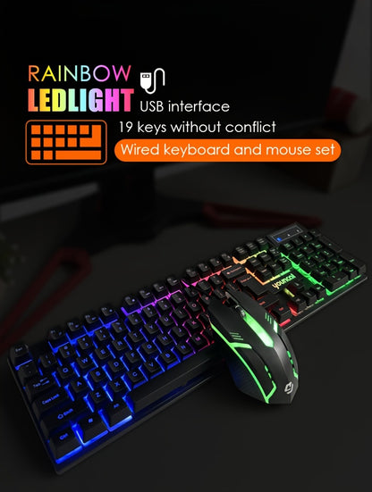 Rainbow Backlit Wired Gaming Keyboard and Mouse Set, 19-Key Rollover, Adjustable Brightness, 2 Lighting Modes, Ergonomic Design, Hotkeys, Media Keys, USB Powered, No Battery