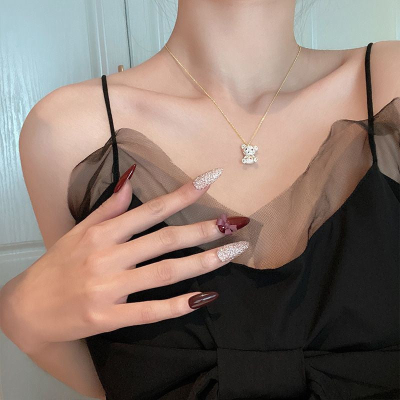 Vibrant Full Rhinestone Bear Pendant Necklace - Y2K Inspired Jewelry