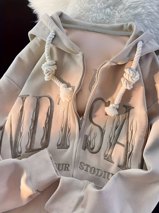 Womens Hooded Zip-up Drawstring Long Sleeve Casual Knit Jacket with Slant Pockets