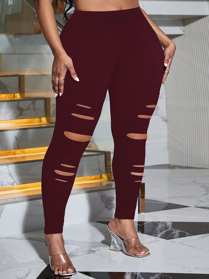 Plus Size Solid Color High Waist Leggings, High Stretch Skinny Ripped Leggings